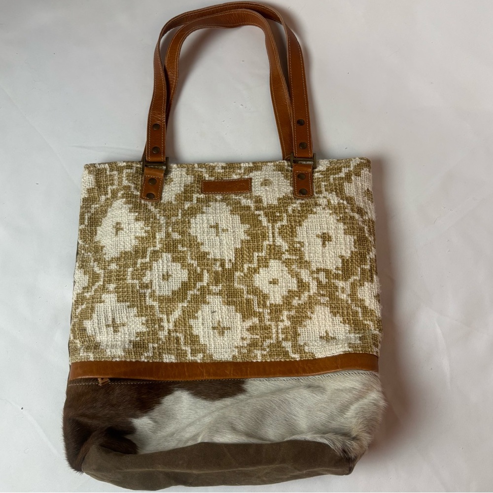 Sixtease The New Vintage Ossaira Tote Bag Canvas Calf Hair Leather Beige Tan
